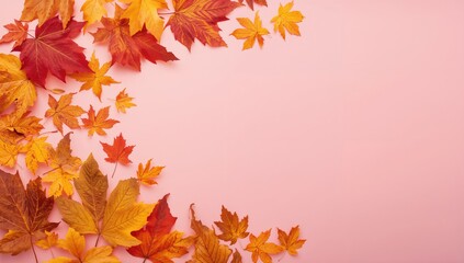 Fototapeta premium Vibrant autumn foliage arranged creatively in a flat lay with ample pink background space