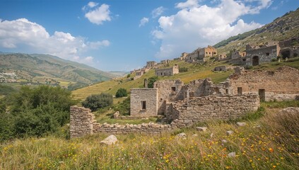 Fototapeta premium Deserted ancient settlement in the summer season, showcasing nature and historic architecture