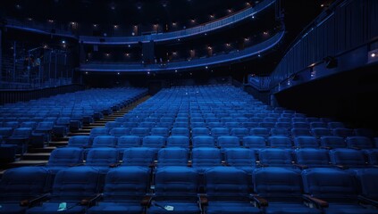 Obraz premium Empty cinema hall with blue folding seats viewed from below, featuring stairs and dim ceiling lights