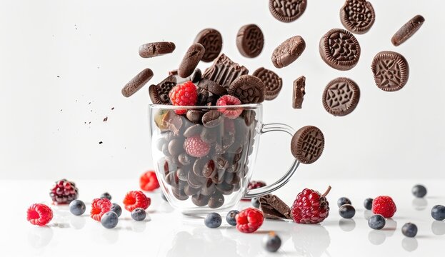 Mug filled with pastries and berries, falling, on a white background for advertising