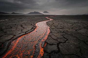 Lava flow trail against a volcanic backdrop
