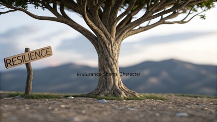 Majestic tree standing tall against blurry mountain backdrop