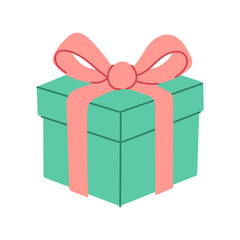 A green box with a pink bow on top. The box is empty and ready to be filled with a gift