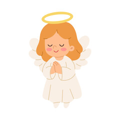 A cartoon angel is praying with her hands together. She is wearing a white dress and has a golden halo on her head