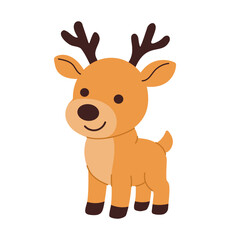 A cartoon deer with antlers is standing on a white background. The deer has a happy expression on its face