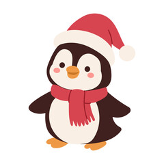A penguin wearing a red scarf and a red hat. The penguin is smiling and he is happy