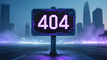 Distressed Illuminated 404 Error Sign in a Cyberpunk Cityscape
