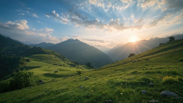 Scenic view of hills with blue sky and lush greenery in summer
