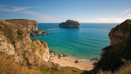 Fototapeta premium Rocky headland featuring high cliffs along the coast