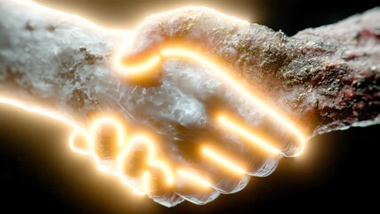 Futuristic digital handshake of glowing wireframe hands symbolizing technology partnership - Powered by Adobe