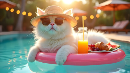 Cute fluffy white cat floating in a swimming pool on a float. Generative AI
