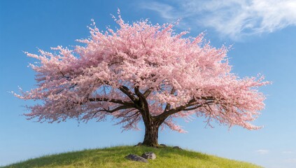 A vibrant spring scene featuring a blossoming cherry tree