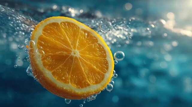 A juicy orange slice submerged in water, surrounded by bubbles, against a blue background