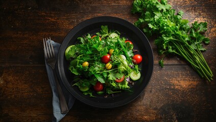 Nutritious green salad served on a dark dish