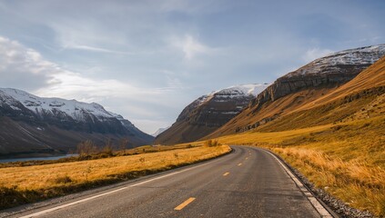 Naklejka premium Sunny Evening Drive Along a Picturesque Mountain Route in Summer