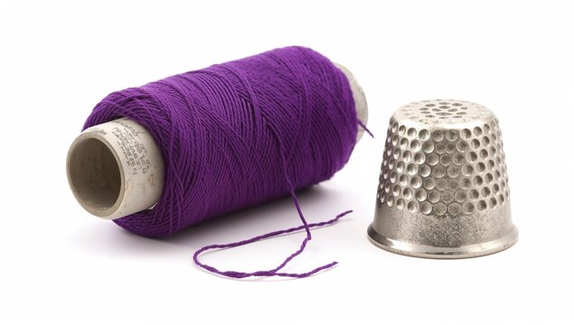 Close-up shot of a vibrant purple sewing thread spool accompanied by a threaded needle and shiny silver thimble, set against a clean white backdrop
