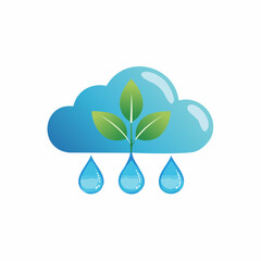 Illustration of a cloud with sprouting leaves and falling water droplets, eco-friendly concept