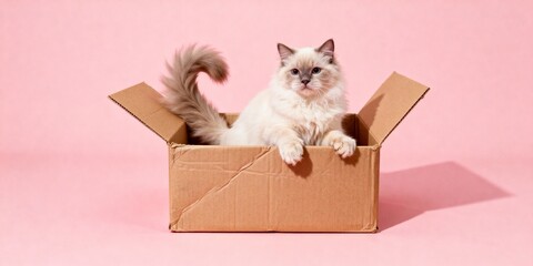 Fluffy cat sitting inside an open cardboard box in a pastel pink background, retro vintage commercial style