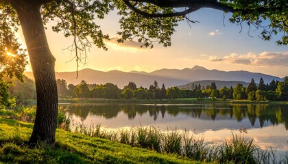 Scenic Lakeside View at Sunset with Mountains and Trees.