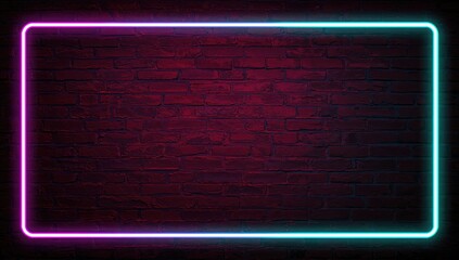 Obraz premium Creative neon fluorescent design with copy space on a dark brick surface. Flat lay ultraviolet glowing colors. Minimalist retro-futuristic theme. Textured wall neon background inspiration.