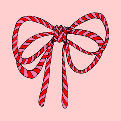 Cute pink bow ribbon. Hand drawn flat vector. Romantic rope knot accessory. The holiday of love Valentines Day. Doodle illustration.