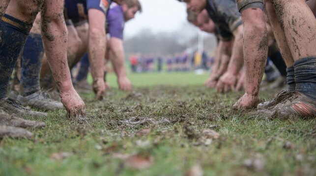 Rugby Players In Scrum Position On Muddy Field. Intense Sports Action And Teamwork