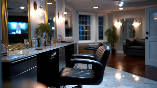 A chic hair salon interior featuring stylish black chairs, elegant mirrors, and a peaceful ambiance, designed for luxurious hair pampering experiences.