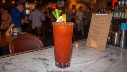 Cocktail Bloody Mary served in a glass on the bar surface.
