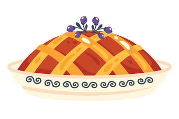 Fototapeta premium Pumpkin pie. Thanksgiving dessert decorated berries. Delisious cake with blueberry. Vector flat Illustration for menu, Thanksgiving, autumn concept, festive table setup, holiday