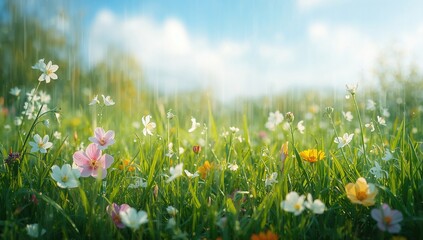 Fototapeta premium Blossoms and greenery following a rainfall
