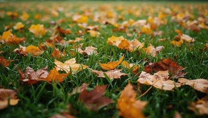 Gorgeous fall foliage scattered on the lawn with raindrops