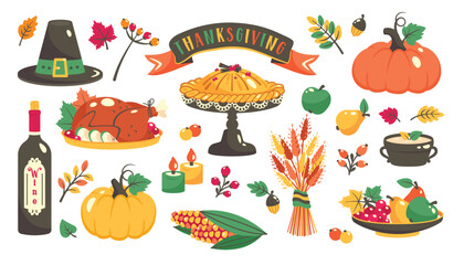 Thanksgiving food. Thanksgiving icons isolated. Festive food, autumn harvest. Traditional turkey, pumpkins, Thanksgiving dessert, hat, corn, wine, fruits. Family holiday. Vector flat illustration