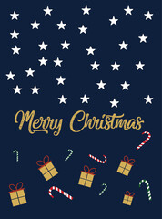 Merry Christmas greeting card with stars, candy canes, and gift boxes on dark blue background