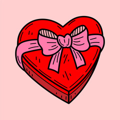 Heart shaped box of chocolates with ribbon bow. Hand drawn flat vector. Valentine Day. Romantic holiday. Love celebration card. Wedding anniversary. Doodle illustration.