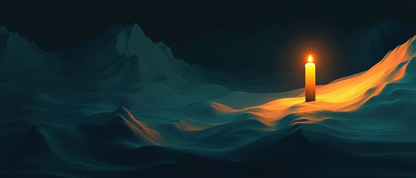 Burning candle on dark undulating landscape night scene hope serenity