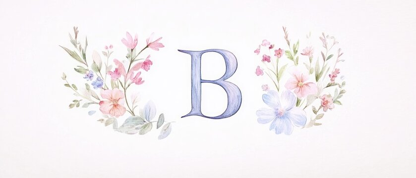 Watercolor floral letter b monogram pastel flower alphabet elegant typography design