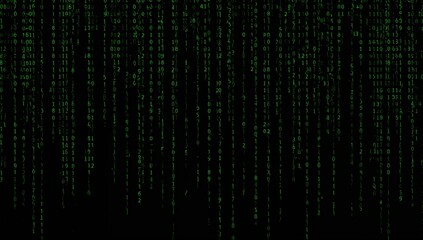 Digital binary code cascading over a dark backdrop with green numerals in a cyberpunk aesthetic.