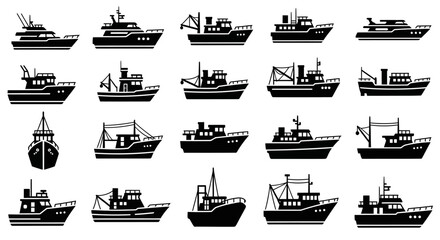 Icon collection of various commercial fishing boats and sea trawlers. A diverse set of black vector ship and vessel silhouettes © Avra