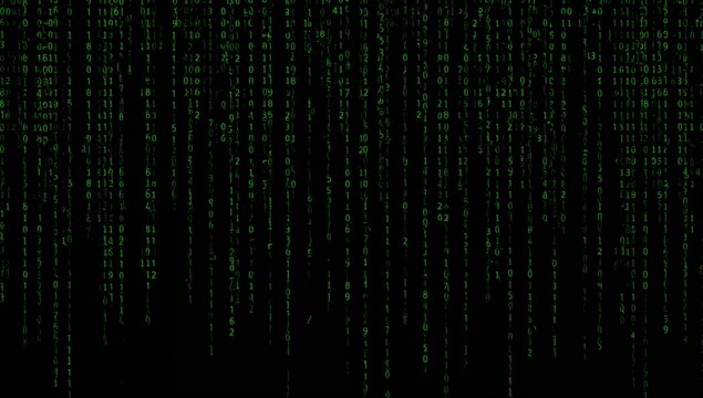 Digital binary code cascading over a dark backdrop with green numerals in a cyberpunk aesthetic.