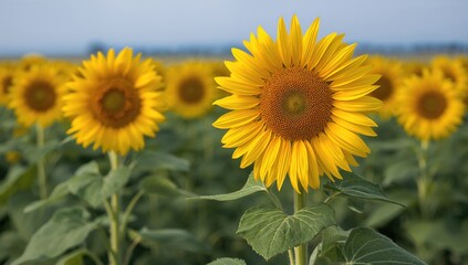 Obraz premium Stunning scenery featuring a vast field of bright yellow sunflowers. Agricultural theme with harvesting elements. Seeds for oil extraction. Sunflower-themed wallpaper.