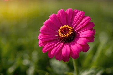 Obraz premium Close-up of a vibrant pink zinnia blossom showcasing a distinctive yellow core