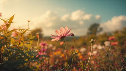 Blossoming cosmos flower against a natural garden backdrop with sky and sunlight