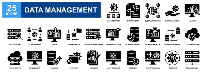 Data Management icon set collection. Containing design Data Integration, Analysis, Database Security, Complexity, Recovery	