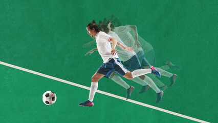 Creative digital artwork. Running soccer player kicking ball with motion blur effect on green field. Concept of speed, performance training, movement design for fitness, ads, and sports branding.