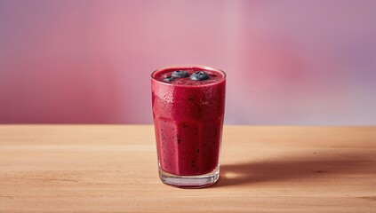 Smoothie made from beets and blueberries in a glass on a vibrant backdrop