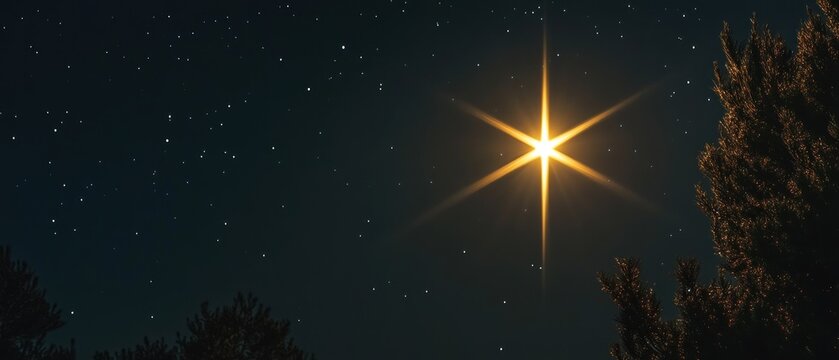 Bright star shining in night sky with trees silhouette