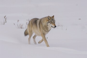 Obraz premium Grey Wolf (Canis lupus) Dashes Across a Snow-Covered Landscape in Winter - captive creature