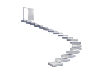 A white spiral staircase ascending to a partially open door on a transparent background, viewed from a side, low-angle perspective. Symbolizes success and opportunity.