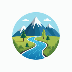 Stylized Mountain Landscape Depicting Snow-Capped Peaks, Lush Valley, and Flowing River within a Circle