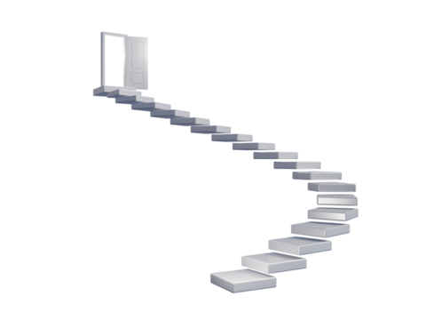 A white spiral staircase ascending to a partially open door on a transparent background, viewed from a side, low-angle perspective. Symbolizes success and opportunity.